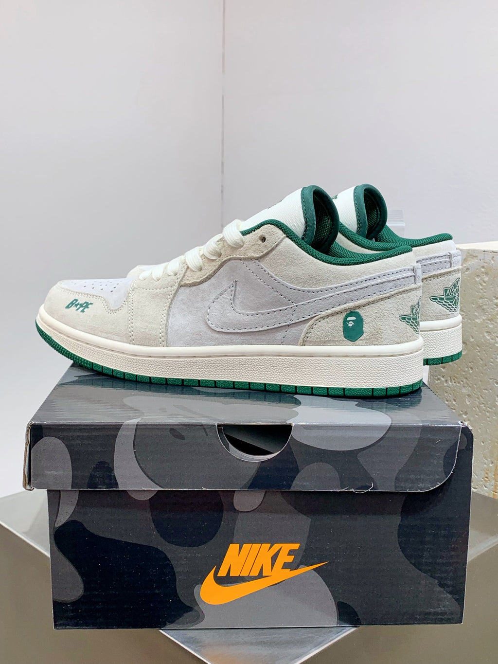 BAPE x Air Jordan 1 Low "White/Grey" — Suede Sneaker