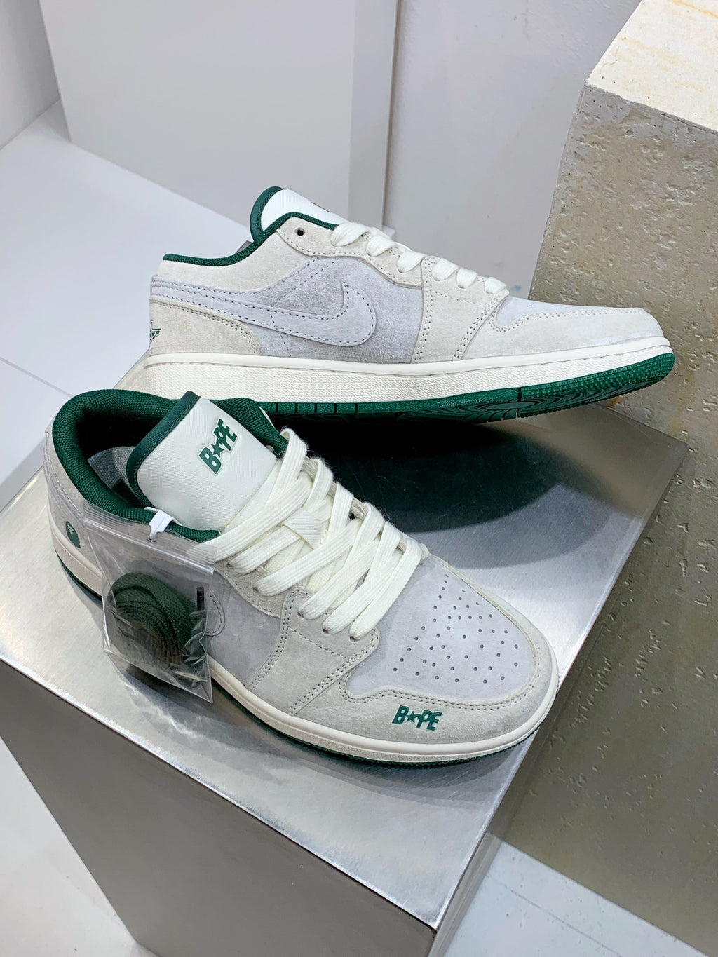 BAPE x Air Jordan 1 Low "White/Grey" — Suede Sneaker