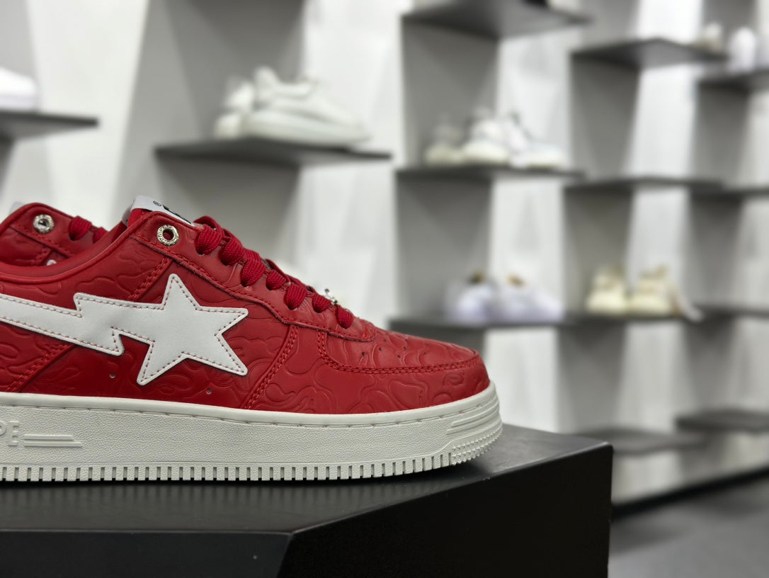 BAPE Bapesta Low "Red" — Embossed Camo Leather Sneaker