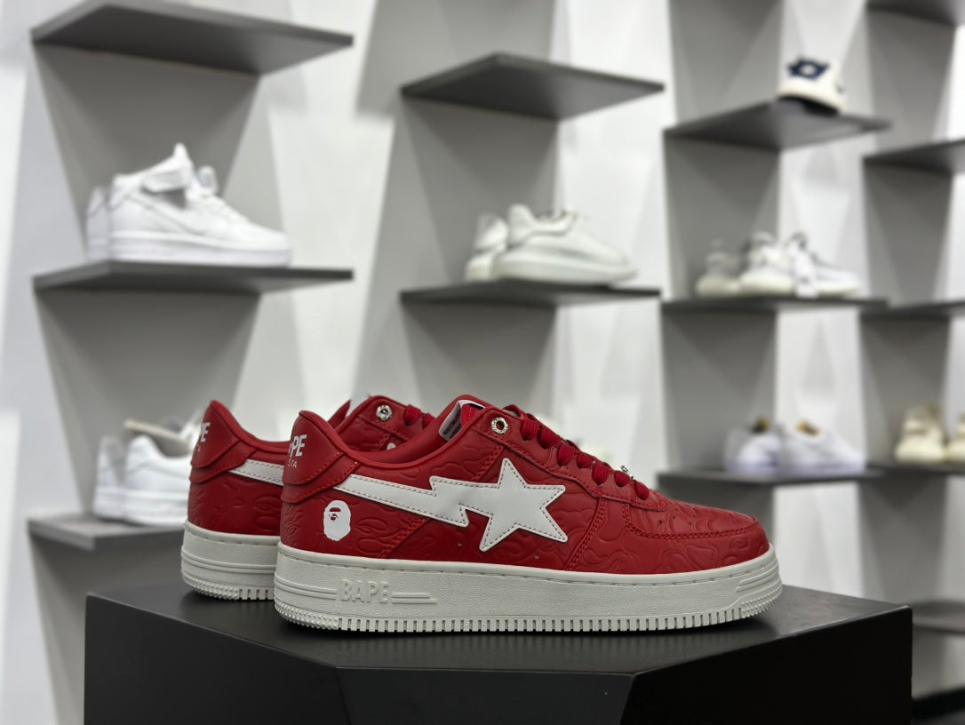 BAPE Bapesta Low "Red" — Embossed Camo Leather Sneaker
