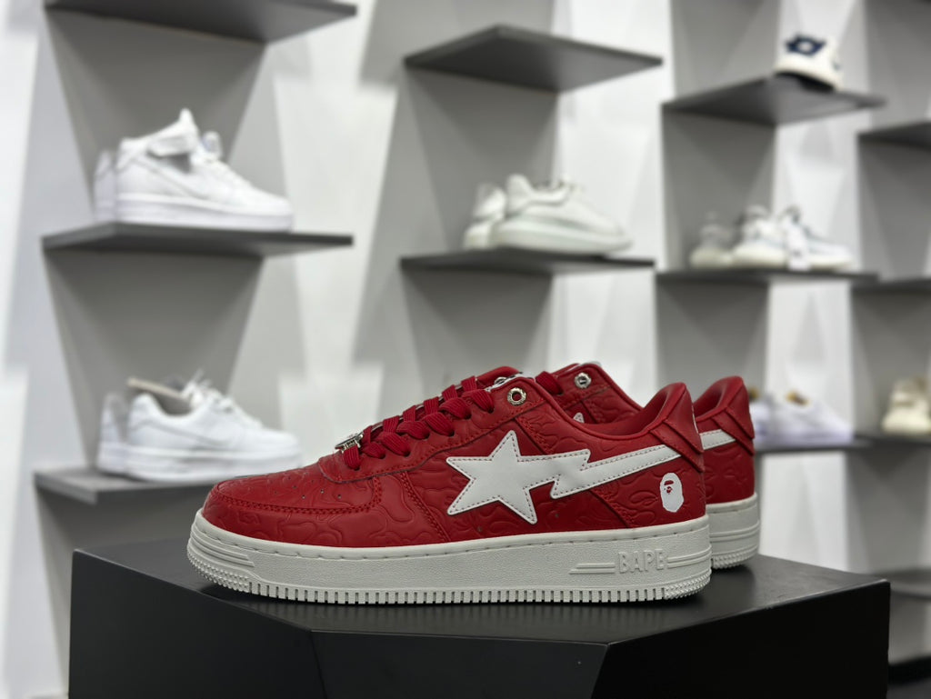 BAPE Bapesta Low "Red" — Embossed Camo Leather Sneaker