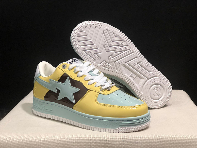 BAPE STA Low "Pastel Yellow / Mint" — Patent Leather Sneaker